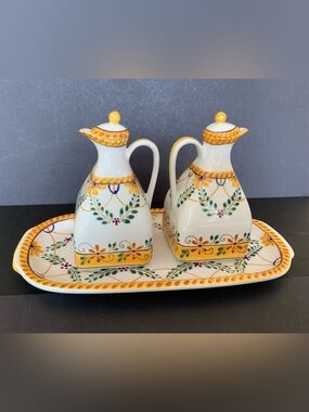 Handpainted Ceramic Oil & Vinegar Cruets Set with base tray, Portugal